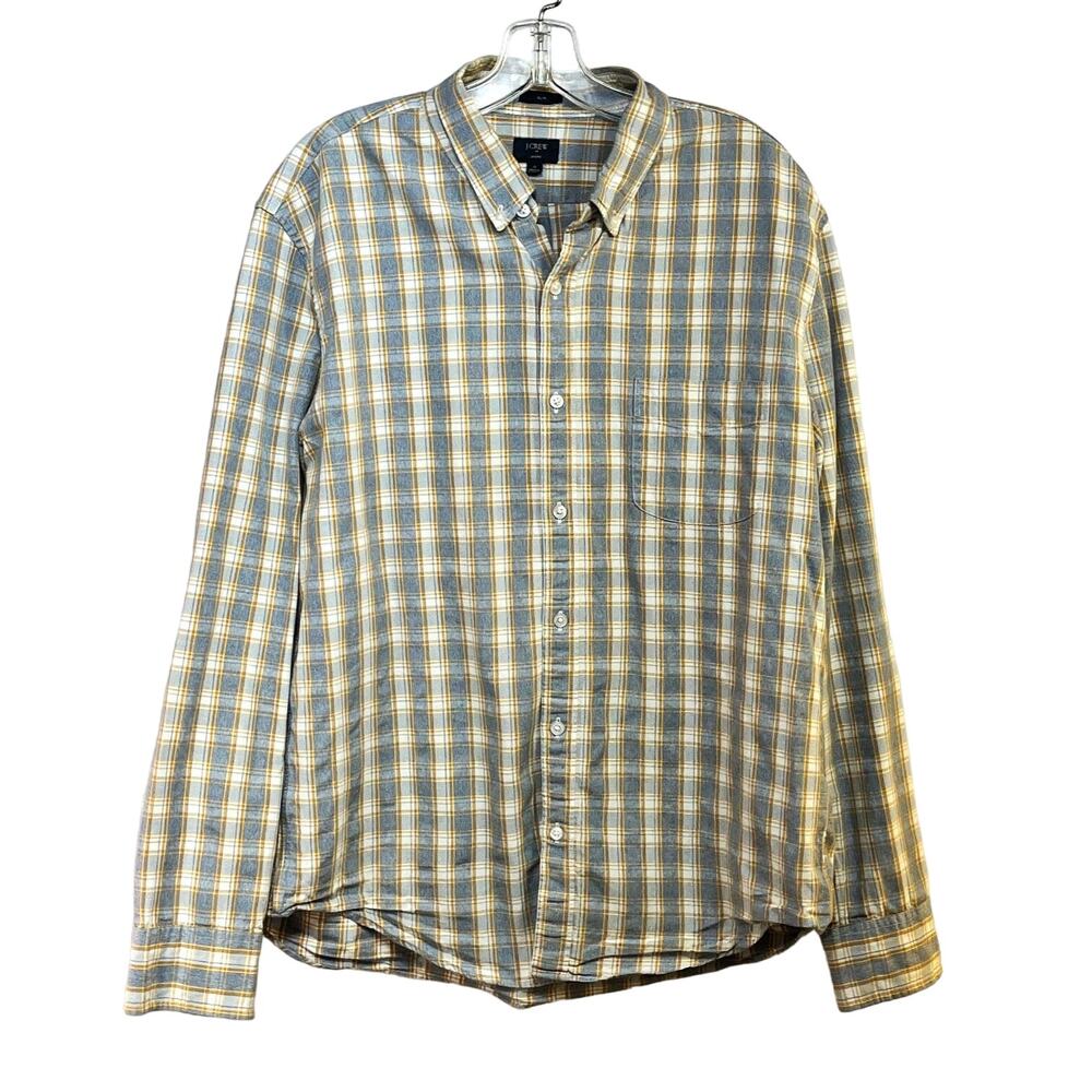 Button Down Shirt Men's XL Slim Fit Cotton J. Crew Factory Blue Gold Plaid L/S